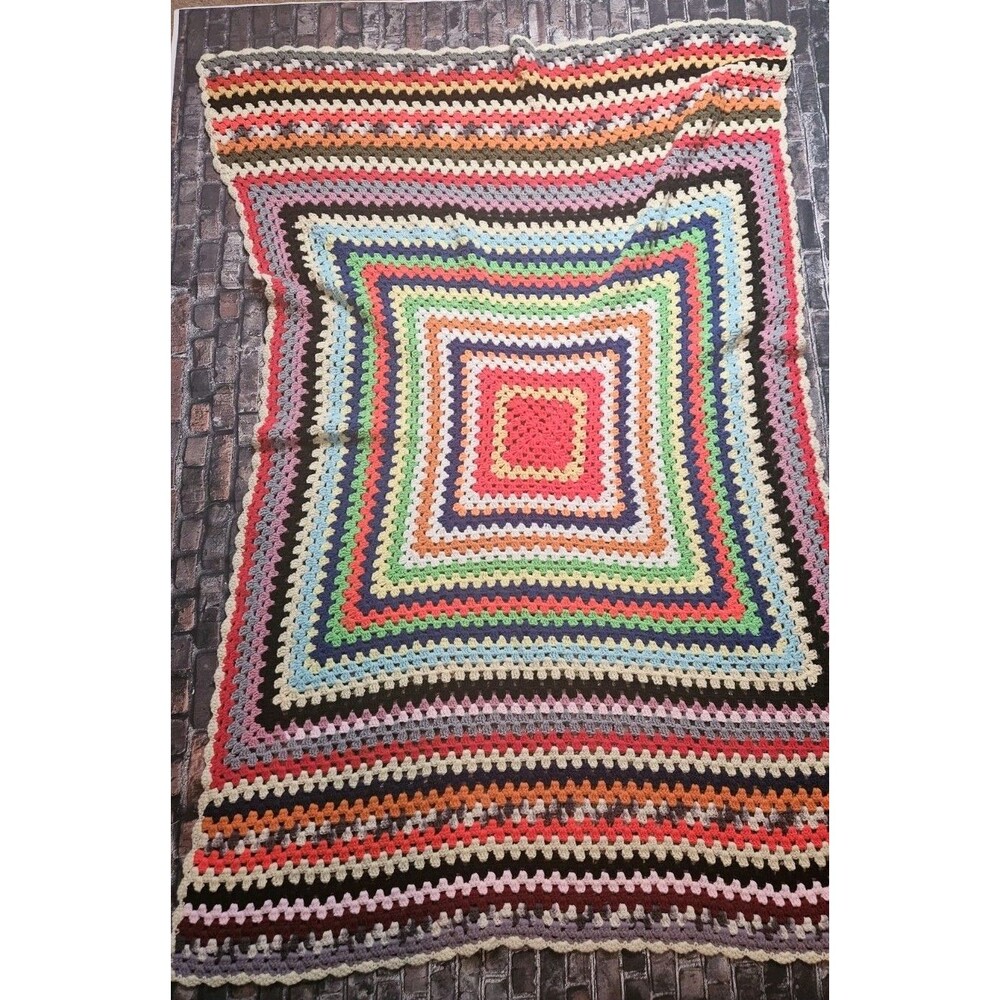 Vintage Hand Crochet Granny Square Afghan Throw Blanket Retro 68 in x 97 in